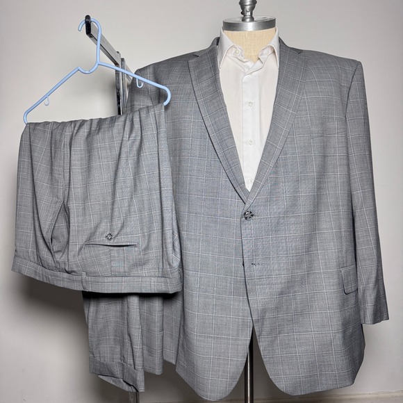 Linea Uomo Suit Mens 58R 52x30 Grey Plaid Performance Stretch Wool 2-Button